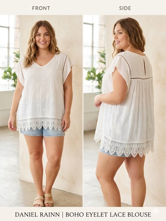 Daniel Rainn Tops - Daniel Rainn White Eyelet Lace Boho Blouse V-Neck Crochet Hem Short Sleeve 3XL
